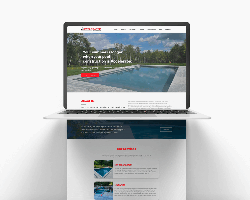 Site institucional desenvolvido para Accelerated Pools pela Roxo Solutions