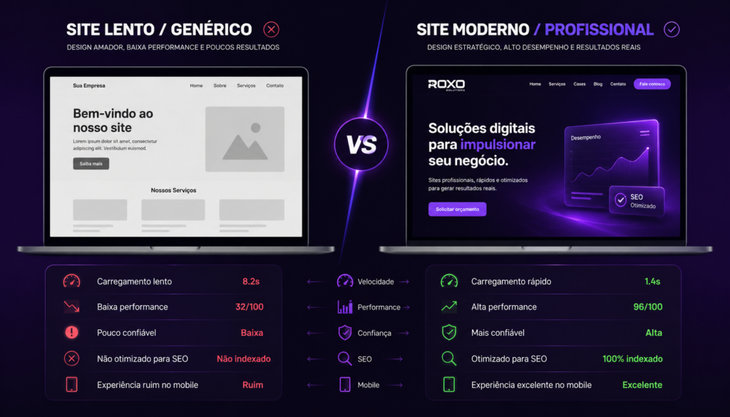 Comparativo entre site lento e genérico versus site profissional otimizado para SEO com alta performance e design moderno