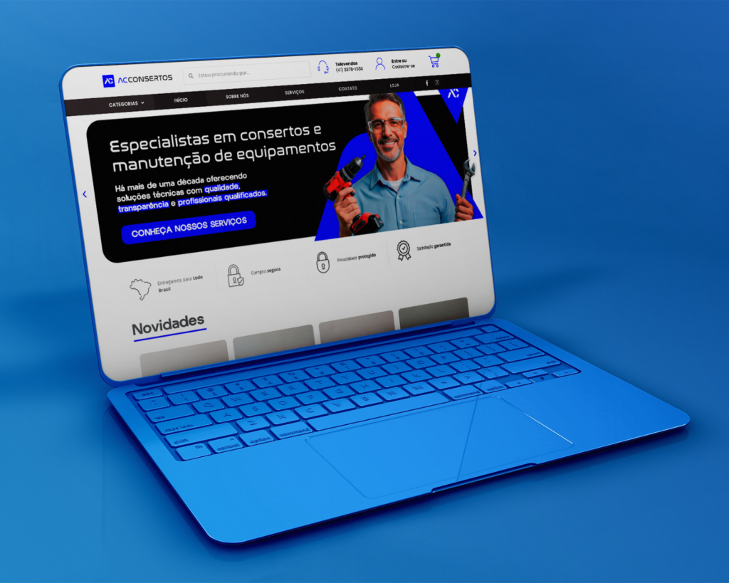 Loja virtual desenvolvida para AC Consertos com identidade visual moderna e foco em vendas online
