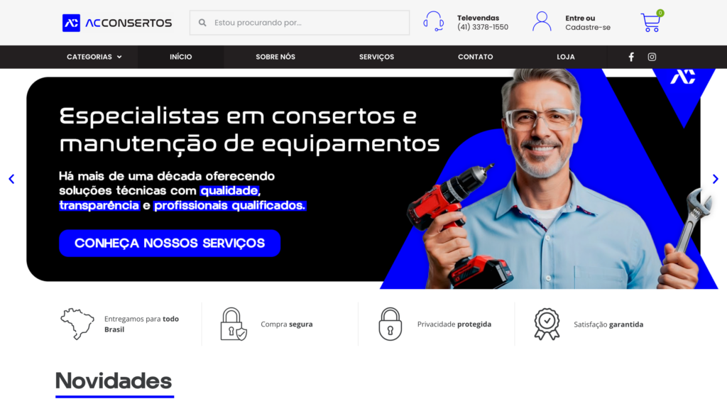 Homepage da loja virtual AC Consertos desenvolvida pela Roxo Solutions com design moderno e foco em equipamentos de limpeza