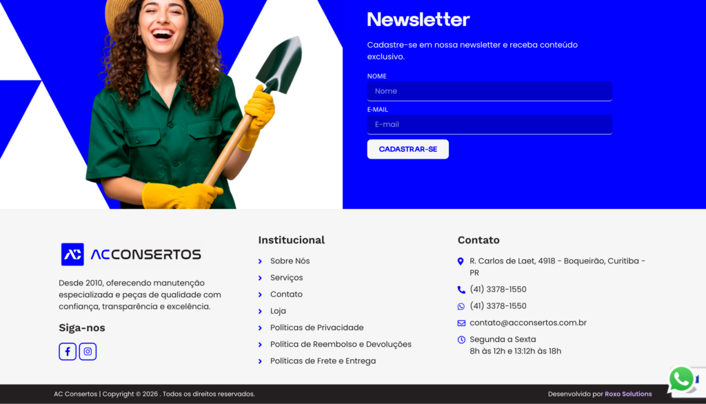 Layout responsivo da loja virtual AC Consertos com identidade visual azul e preta Alt: