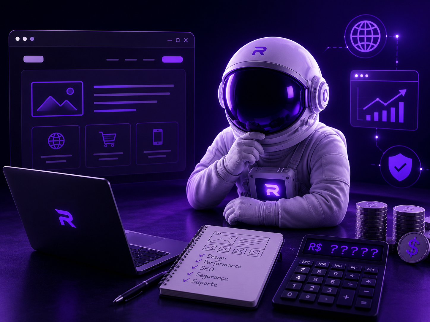 Astronauta futurista analisando custos de criação de site profissional com interface web moderna, SEO e planejamento digital em ambiente neon roxo.